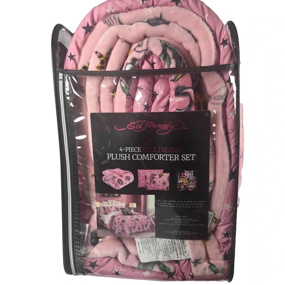 Ed Hardy Queen Comforter Set 4 Piece Pink Tiger Skull Rose Plush Bedding New